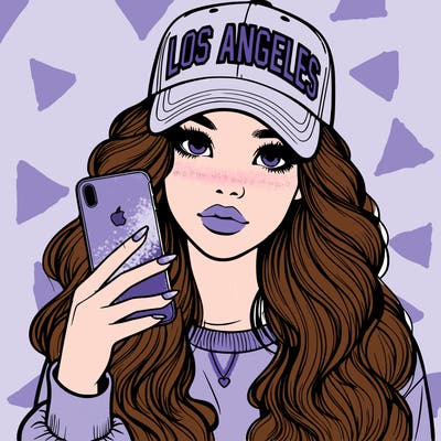 realistic beautiful girl wearing los ángeles cap holding an iphone