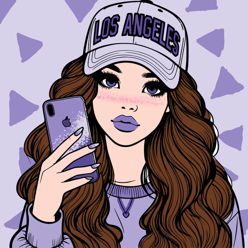 realistic beautiful girl wearing los ángeles cap holding an iphone