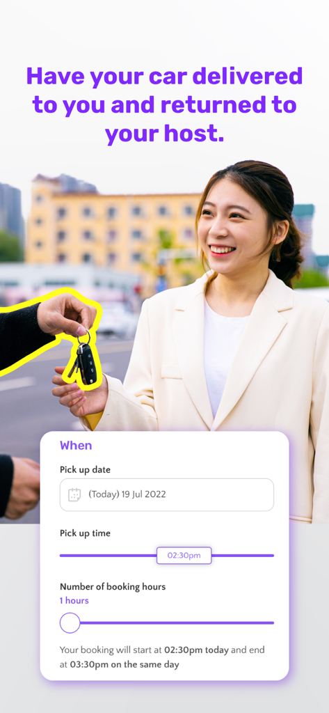 Trevo - Car Sharing Done Right - A woman receiving car keys from a host with the app's pickup scheduling interface