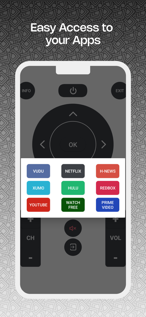 VizCast app interface showing easy access shortcuts to streaming services like Netflix Hulu and Prime Video on a smartphone screen