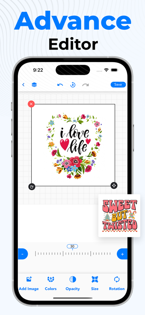Sublimation Designer Printer ! - Pantalla de editor avanzada en la aplicación Sublimation Designer que presenta un gráfico de corazón floral y herramientas de personalización.