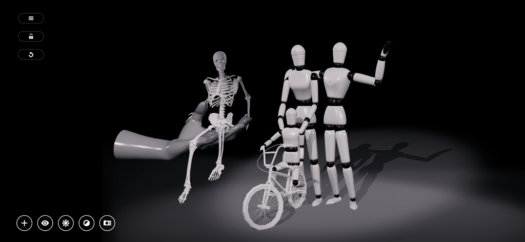 Manikin - Interface of Manikin app with 3D models of a skeleton and human figures for anatomy reference