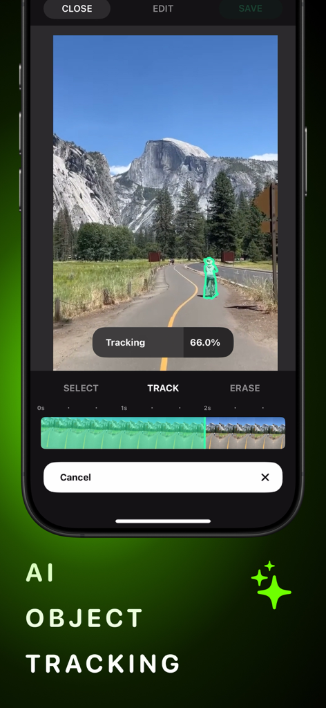 AI Video Eraser - Interface of AI Video Eraser app showing AI object tracking on a video of a cyclist in a park