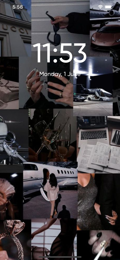 Un collage de imágenes estéticas de lujo oscuro que incluyen jets privados, autos deportivos y marcas de lujo en la pantalla de bloqueo de un iPhone