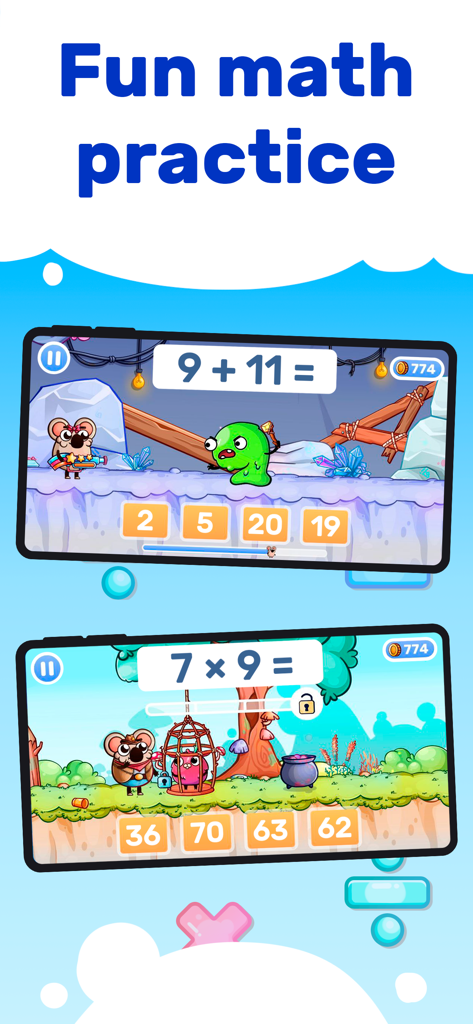 MathHero 앱의 스크린샷으로, 만화 캐릭터와 함께하는 인터랙티브 덧셈 및 곱셈 게임을 보여줍니다.