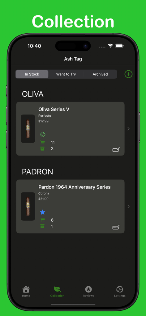 Una interfaz de aplicación móvil de Ash Tag que muestra un inventario digital de puros con categorías para artículos en stock y que desean probar