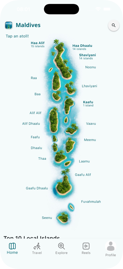 Islands App - Interactive map of Maldives atolls on the home screen of the Islands App.