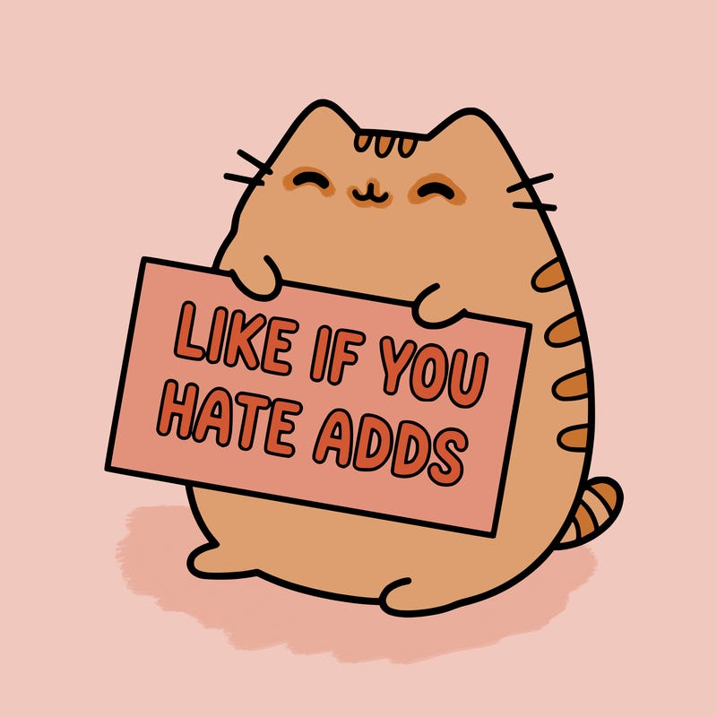 a kawii pusheen cat holding a sign that says like if you hate adds