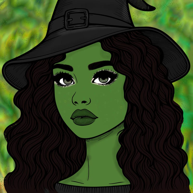 realistic girl with wavy hair a witch hat and a nose and lips and eyes