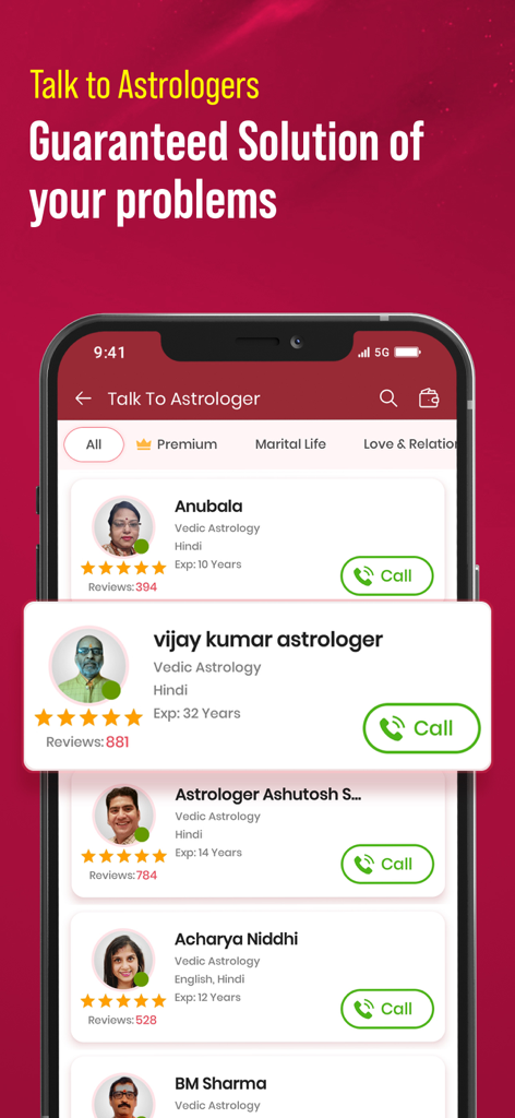 Mobile app interface showing a list of verified Vedic astrologers with ratings and experience for instant consultations