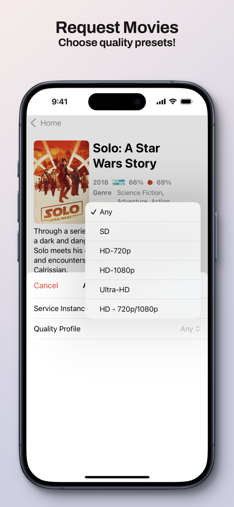Ovue for Overseerr - Selecting a quality preset for a movie request in the Ovue for Overseerr iOS app