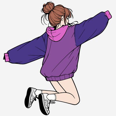 realistic girl jumping with a bun and oversized sweatshirt