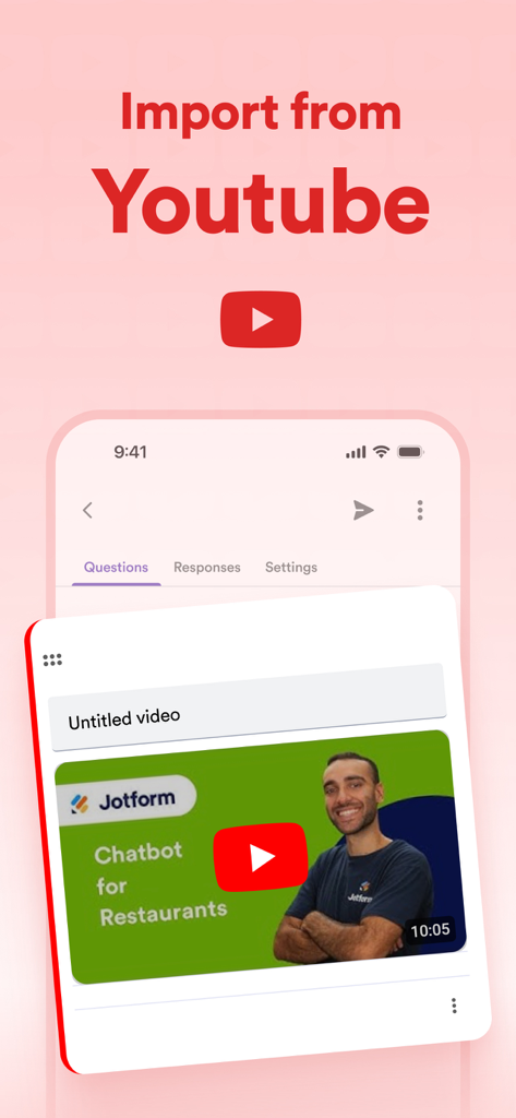 Form Editor for Google Forms - Una interfaz de aplicación móvil que muestra la opción de importar un video de YouTube a un formulario para una mejor participación