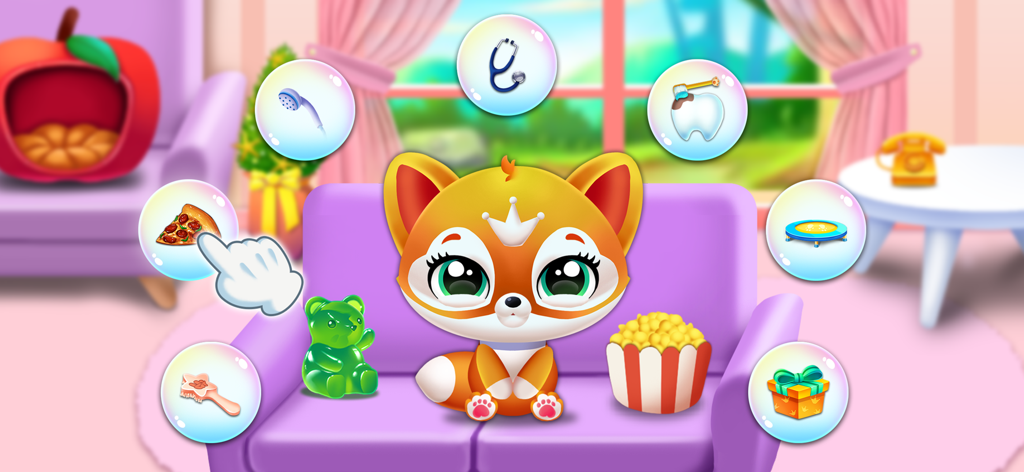 A cute virtual kitten on a sofa surrounded by care and play activity bubbles in Kitty Pet Friend My Cat House
