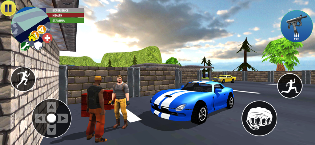 Real Gangster Vegas Mafia City gameplay featuring characters and a blue sports car in an open world