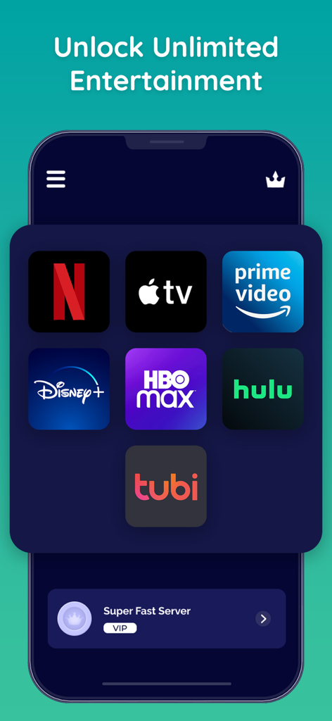 Tela do aplicativo móvel Von VPN mostrando ícones de serviços de streaming para desbloquear entretenimento ilimitado