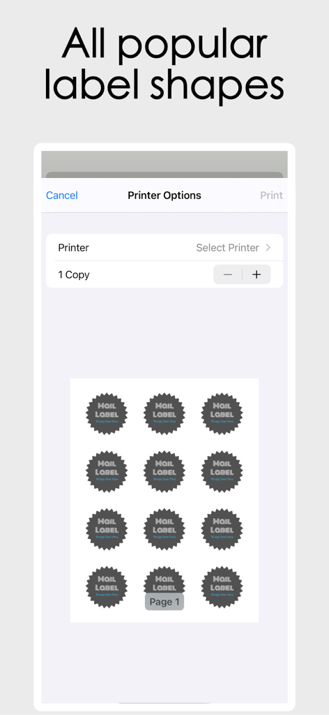프린터 옵션과 인쇄 준비가 된 스타버스트 모양 라벨의 미리보기를 보여주는 우편 라벨 디자이너 앱의 인터페이스