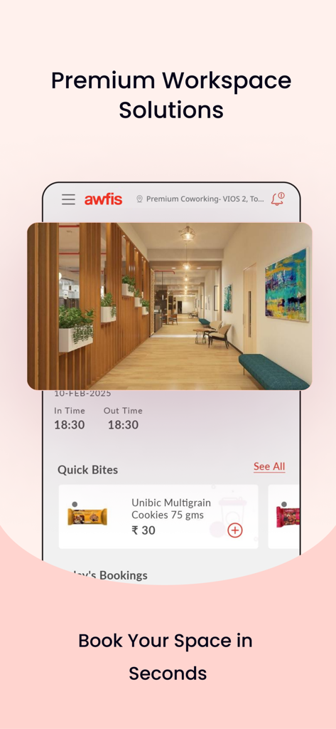 Awfis Coworking - Awfis app interface displaying a premium coworking space interior and snack ordering options.