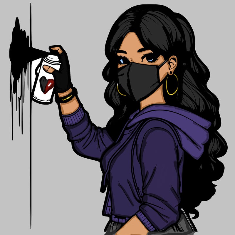 realistic girl with mask spray painting a wall