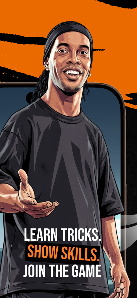 R10 Ronaldinho Playground - Illustrated Ronaldinho on the R10 Playground app screen with text about learning tricks and showing skills