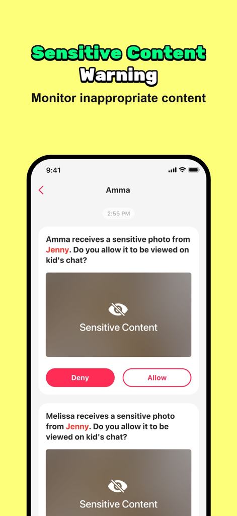 JusTalk Family Messenger - JusTalk Family Messenger interface showing a parental control feature to monitor and block sensitive photos in children's chats