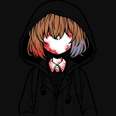 little anime girl in a raincoat her hair is covering her eyes she has a lighter