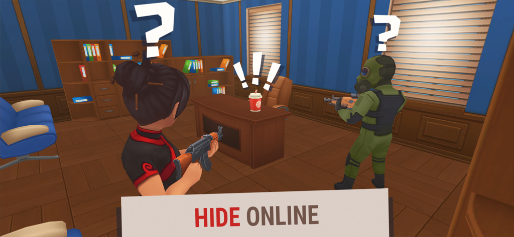 Hide Online: Prop Hunt - Zwei Jäger suchen nach einer versteckten Kaffeetassen-Requisite in einem Büro