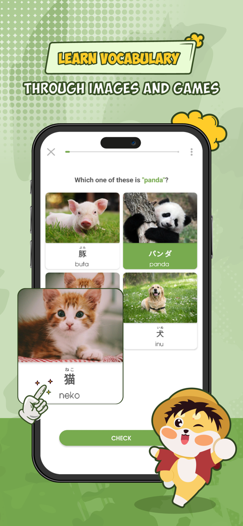 Uno screenshot di un'app mobile che mostra un gioco di vocabolario giapponese in cui gli utenti abbinano foto di animali con i loro nomi giapponesi come 'neko' e 'panda'