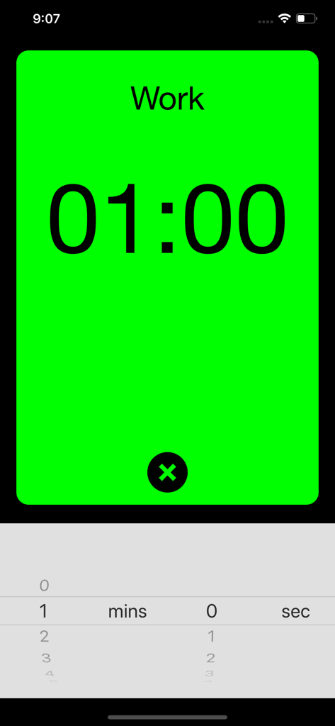 Interfaz de Tabata Timer Pro que muestra un temporizador de intervalo de trabajo de un minuto