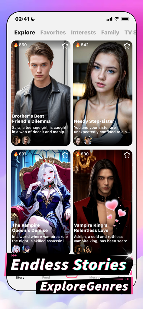 Plotto - AI Chat & Dating - Explore screen of Plotto app showing various AI character stories for roleplay and dating