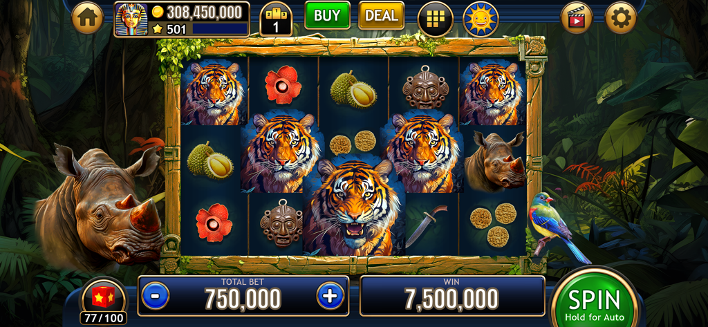 Jungle themed slot machine gameplay with tigers and a rhinoceros