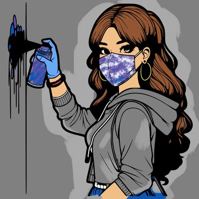 realistic girl with mask spray painting a wall