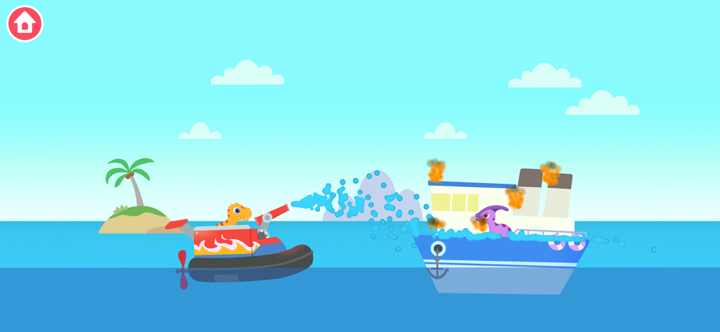 A dinosaur on a patrol boat using a water cannon to put out a fire on a ship