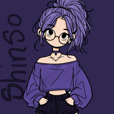 girl with a messy ponytail glasses a baggy crop top and jean shorts