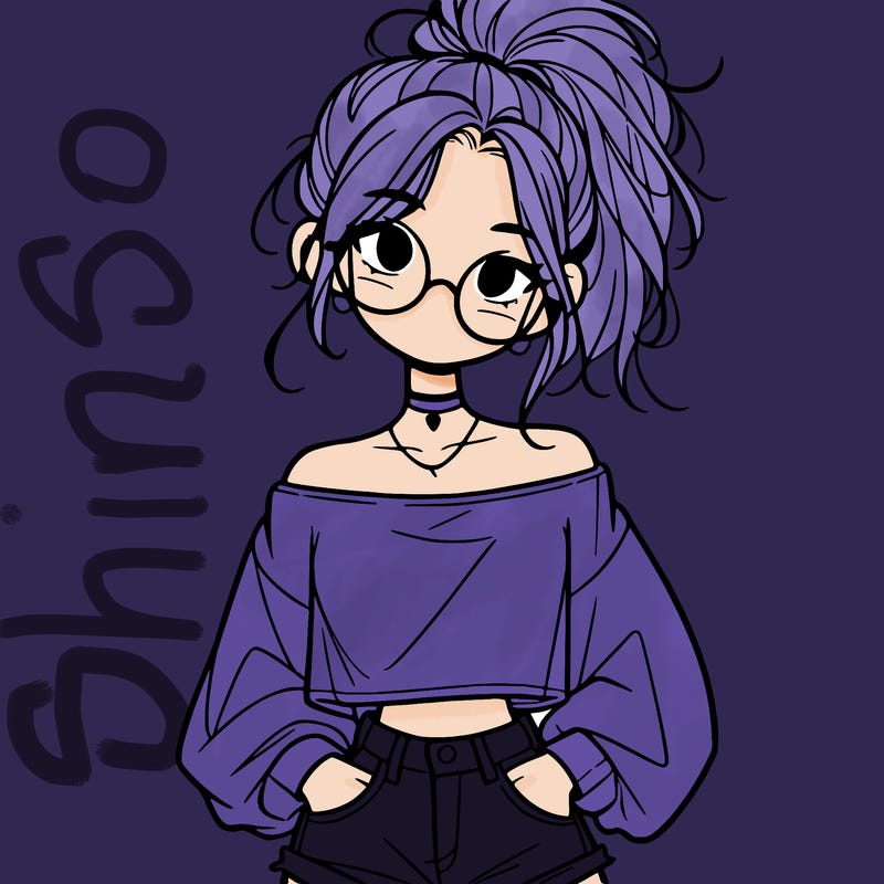 girl with a messy ponytail glasses a baggy crop top and jean shorts