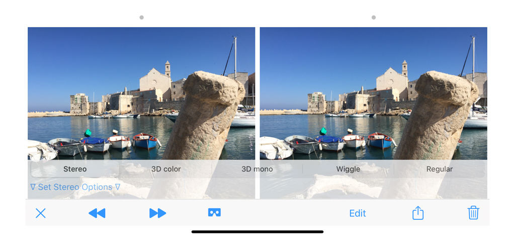 Camera 3D Pro - Camera 3D Pro app interface showing side-by-side stereoscopic images of a coastal harbor with viewing options