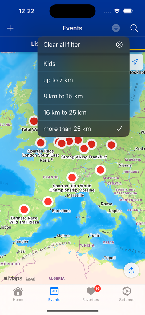 Interactive map of Europe showing obstacle course racing events with distance filter options.