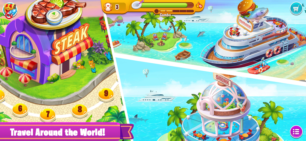 Cooking Food: Restaurant Games - A colorful game map featuring different themed restaurants like a steakhouse and a burger cruise ship with a travel around the world theme