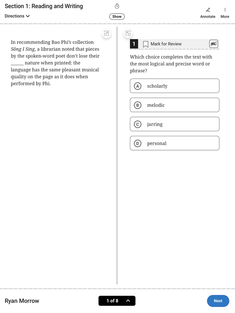 Bluebook Exams app interface showing a Reading and Writing section question with multiple choice options