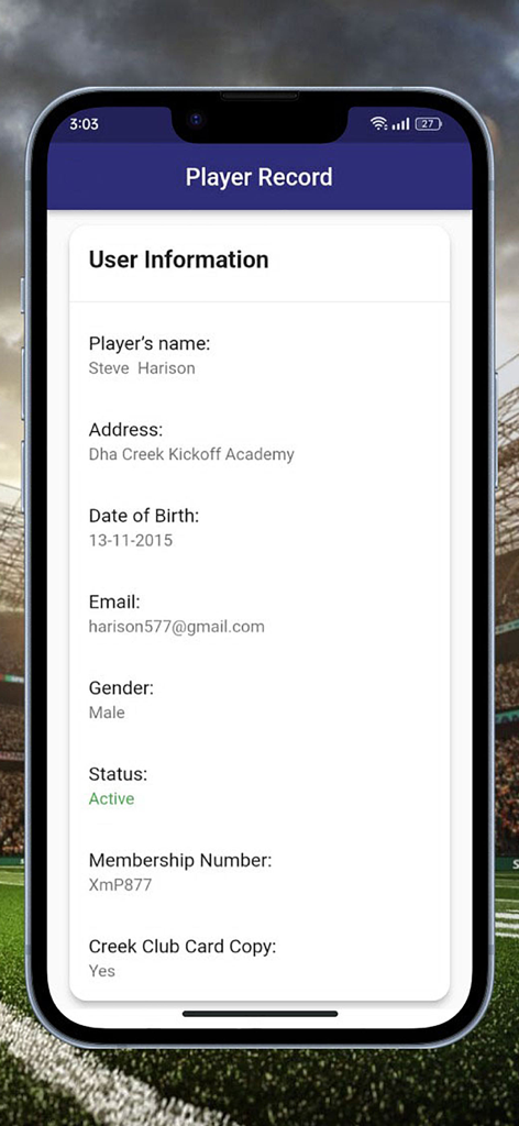 Kick-Off - Spielerprofil-Bildschirm in der Kick-Off App mit Benutzerprofil-Details und Angaben zur Akademie-Mitgliedschaft.