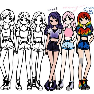 a group of girls wearing crop tops and shorts