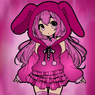pretty anime girl wearing a fluffy hoodie with bunny ears on the hood and a skirt