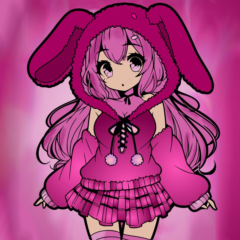 pretty anime girl wearing a fluffy hoodie with bunny ears on the hood and a skirt