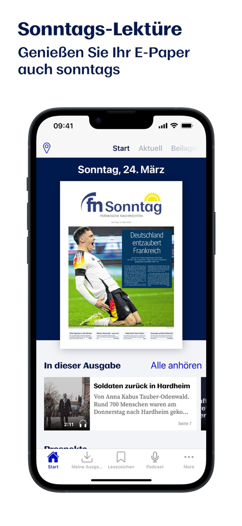 FN E-Paper App zeigt die Sonntagsausgabe der Fränkischen Nachrichten auf einem Mobiltelefon.
