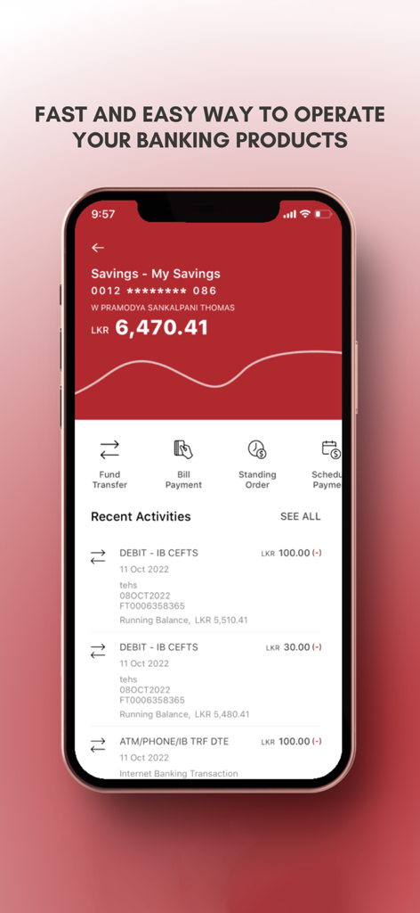 SEYLAN Mobile Banking App - Interface of the Seylan Mobile Banking App displaying a savings account balance and recent transaction history on a smartphone
