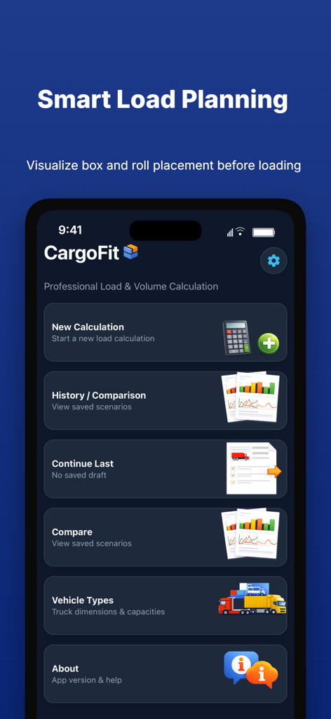 CargoFit Load Planner - Pantalla principal de la aplicación CargoFit Load Planner con opciones para nuevos cálculos, historial y tipos de vehículos