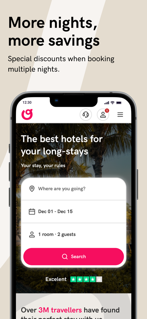 Interface de recherche de l'application mobile Stayforlong pour la réservation d'hôtels de long séjour avec des réductions