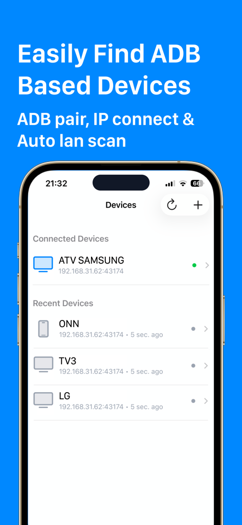 ADB Connect & Debugger for ATV - ADB ConnectおよびDebuggerアプリのインターフェース。スマートテレビを含む接続済みのデバイスと最近のデバイスのリストが表示されています。