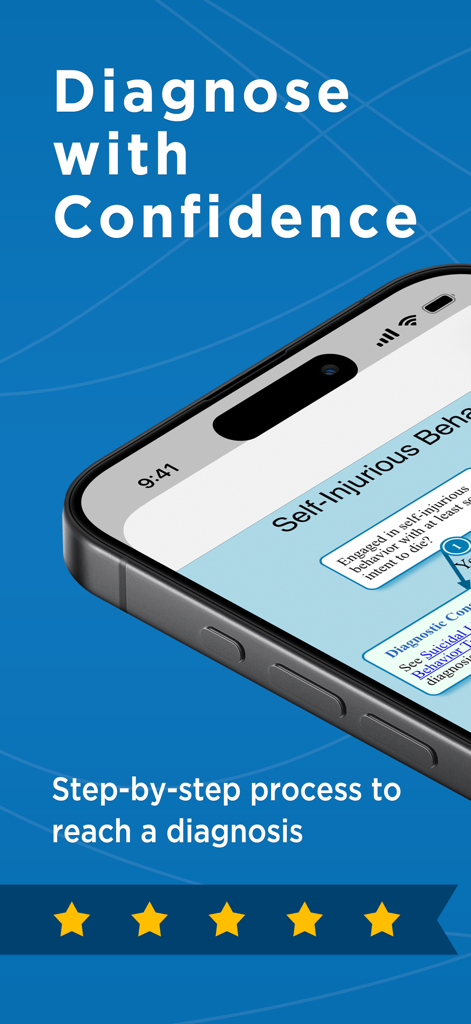 Smartphone che visualizza un albero decisionale clinico psichiatrico nell'app Manuale Diagnostico DSM-5-TR