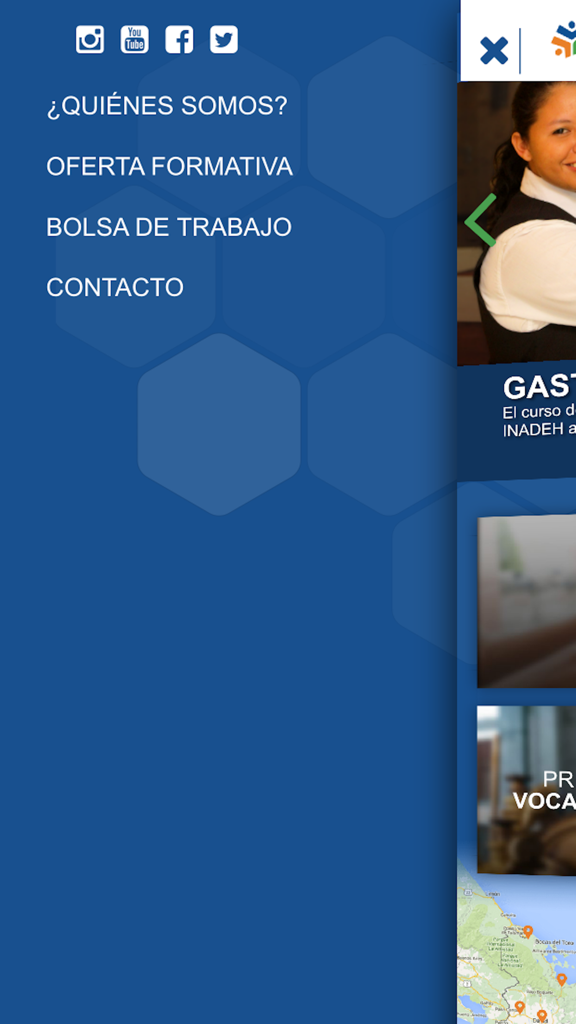 INADEH - Side navigation menu of the INADEH app showing vocational training and job board options in Spanish